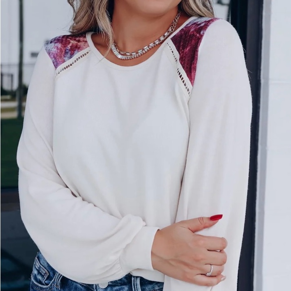 LOW-KEY TIE DYE SHOULDER ACCENT TOP - BEIGE